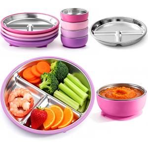 Havawish 8 Pcs Stainless Steel Baby Plate and Bowls with Suction, 8.3" Kid Divided Plate and 4" Toddler Bowl with Removable Silicone, BPA-free Non-slip Baby Feed Set Dishwasher Safe for Boy Girl(Pink)