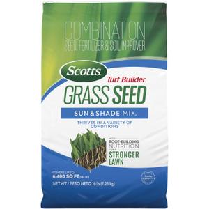 Scotts Turf Builder Grass Seed Sun and Shade Mix - Grass Seed Plus Lawn Fertilizer and Soil Improver, Covers Up to 6,400 sq. ft., 16 lb.
