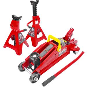 Jack Boss 2T Hydraulic Floor Jack Combo with Two Jack Stands, 4000 lbs Capacity Trolley Service Jack Combo Red
