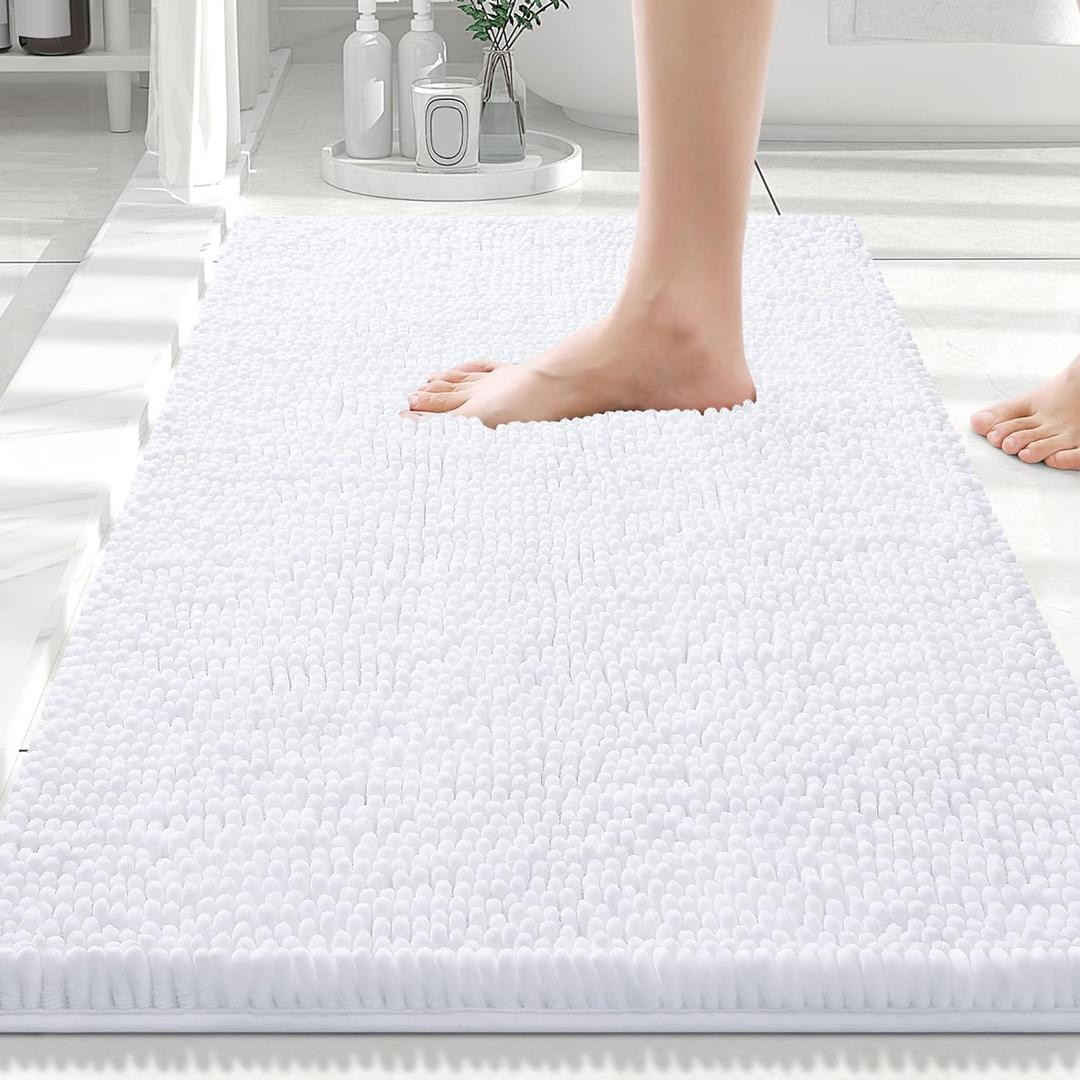 Smiry Luxury Chenille Bathroom Rugs 30x20, Extra Soft and Absorbent Shaggy Bath Mat, Machine Washable, Non-Slip Plush Carpet Runner for Tub, Shower, and Floor, Home Decor Accessories, White