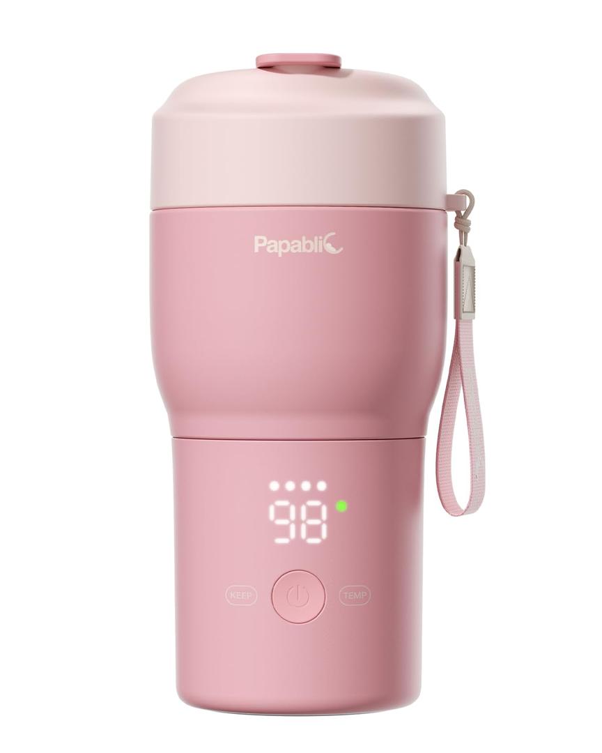 Papablic Portable Bottle Warmer Pro for Travel Fast Heating, Built-in Sterilizer, 30W Fast Charge, 5-Temp Control, Easy-Clean Wide Mouth, Baby Milk Warmer for Breastmilk & Formula, Sakura Pink