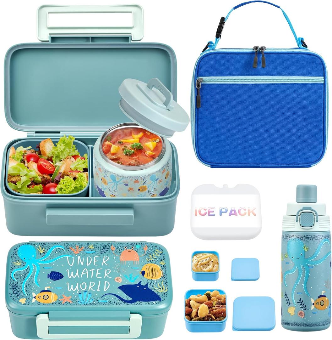 MAISON HUIS Bento Box for Kids with 8oz Soup Thermo, Insulated Lunch Bag & 17oz Water Bottle, 2-Compartment Bento Box with Built-In Ice Pack, Leak-Proof & BPA-Free (Octopus)