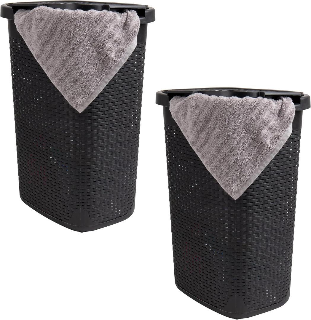 Mind Reader Slim Laundry Hamper with Lid, 60L Clothes Baskets, Premium Wicker Design, Plastic, 2-Pack, Black