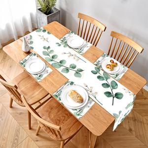 5-Piece Eucalyptus & White Berry Table Runner & Placemat Set – Includes 1 Runner & 4 Placemats – Elegant Green Leaves & White Flowers Design for Dining Table Decor
