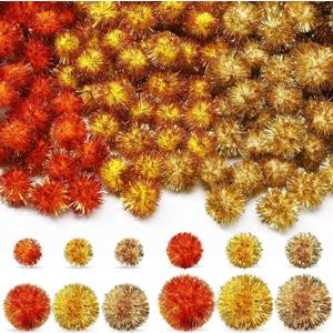 Knitgrip 150 Pcs Large Glitter Tinsel Pom Poms 2.5" 2" 1.4" 1" Christmas Pompom Balls Jumbo Glitter Balls for DIY Craft Making Christmas Decorations(Gold, Orange, Yellow)