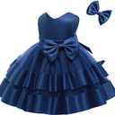 AIMJCHLD 0-6T Baby Girls V Backless Flower Dress Pageant Party Wedding Gown Dresses with Hair Bow (Blue, S/80)