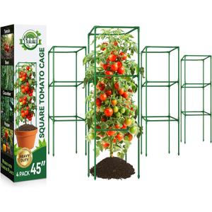 Halatool 4 Pack Square Tomato Cages for Garden, 45 Inch Heavy Duty Adjustable Metal Tomato Trellis for Climbing Plants Green Plant Support Stakes for Vegetables Flowers Fruits&Raised Bed Outdoor