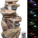 Alpine Corporation 40" Tall Floor Fountain, Tiered Rock Water Feature with Color-Changing LED & Remote, Cascading Streams for a Tranquil Garden, Patio, Yard, Deck, or Porch, Light Brown