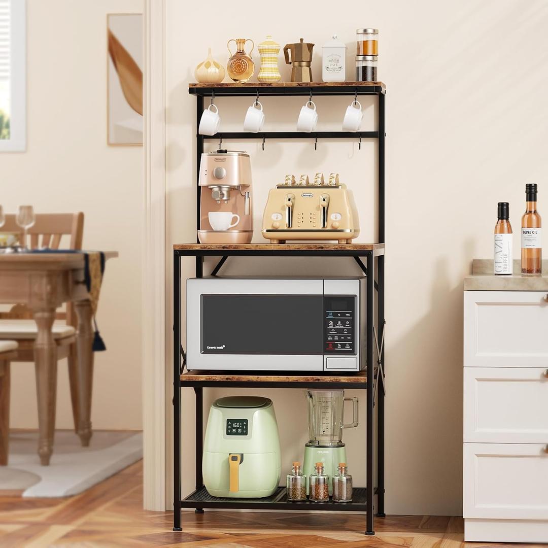 Korfile Kitchen Bakers Rack with Storage Shelves, Small Coffee Bar Cart with 8 Hooks, 4 Tiers Microwave Stand Station with Adjustable Shelves, Freestanding Kitchen Appliance Organizer, Rustic Brown