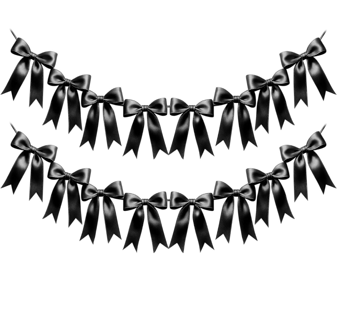 Black Bow Garland Banner, Pre-Strung Satin Ribbon Bow Party Decoration for Halloween Wedding Bridal Shower Birthday Supplies(Black)
