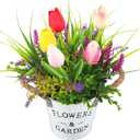 Spring Flower Table Centerpiece, 10" Tall Fake Tulips Lavender in Vase Farmhouse Floral Arrangement Artificial Potted Plants for Rustic Home Office Patio Decor Mother Gift