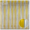 2 Pack Melsan Gold and Silver Tinsel Curtains - 3.2ft X 8ft Foil Fringe Curtain Photo Backdrop for New Year Eve, Anniversary, Graduation, Birthday Party Backdrop - 4 Packs