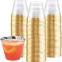 Prestee 100-Pack 9oz Gold Rimmed Plastic Cups Disposable Wine Glasses for Charcuterie, Weddings, Parties, and Events - Elegant Cocktail and Drinking Cups for Champagne, Martini, and Mocktails