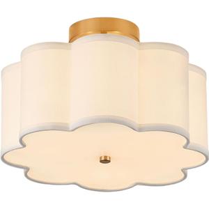 13.3"Semi Flush Mount Ceiling Light Fixture, 3-Light Modern Close to Ceiling Light With Fabric Flower-Shaped Shade, Light Fixtures Ceiling Mount for Bedroom Nursery Kids Room Living Room(Gold)