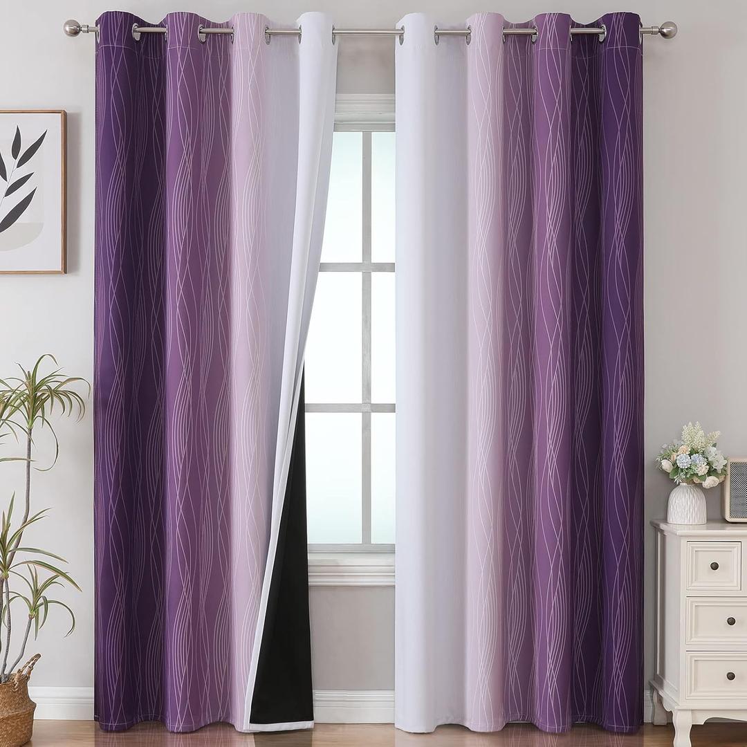 Estelar Textiler Purple and Greyish White Ombre Blackout Curtains 84 Inches Long, Full Room Darkening Grommet Curtains for Bedroom, Thermal Insulated Blackout Drapes for Living Room, 52Wx84L, 2 Panels
