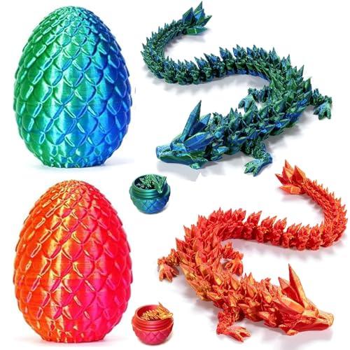 3D Printed Dragon Easter Egg,8.5in. Articulated Crystal Dragon Fidget Toy,Perfect Basket Essentials Stuffers (2sets & Bluegreen/RedGold, L8.5inch Dragon&H3.5inch Egg)