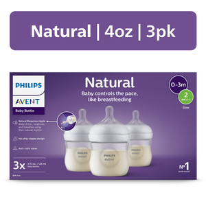 Philips Avent Natural Baby Bottle with Natural Response Nipple (Slow Flow, Flow 2), 4oz, 3-Pack, SCY900/93