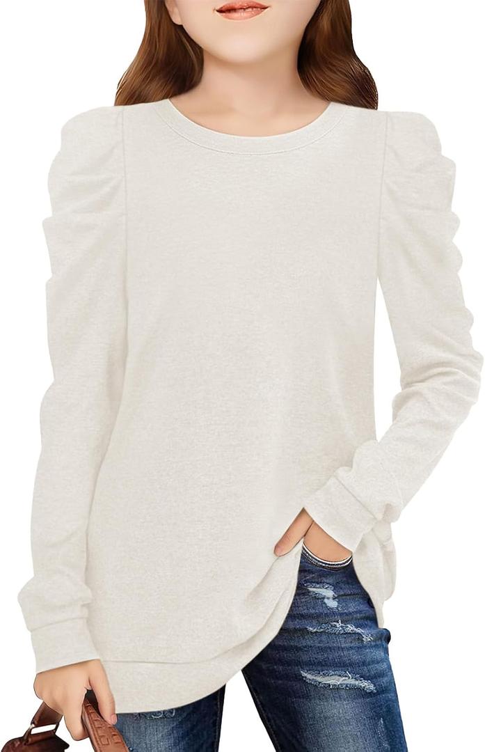 Girls Puff Sleeve Cute T Shirts Kids Fall Tops Crewneck Clothes Loose Fit 5-14Y