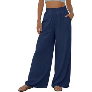 Women Linen Wide Leg Pants High Waisted Smocked Elastic Waist Palazzo Pants Lightweight Beach Travel Pants Navy Blue, Medium