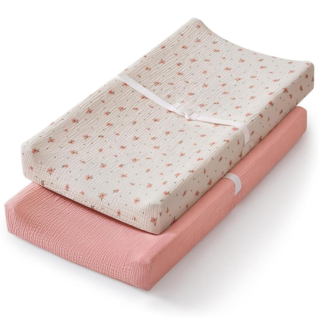 Blissful Diary Muslin Changing Pad Cover for Baby Girls, Ultra Soft Breathable Cotton, Baby Diaper Change Table Pad Covers, 2Pack (Pink Floral & Light Pink)