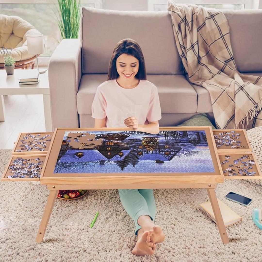 Yacona Puzzle Board 1500 Pieces,34.3x 26 Jigsaw Puzzle Table with Folding Legs,4 Drawers and Cover,Portable Board Game Table for Adults and Teens with No Installation Required, 1500pcs
