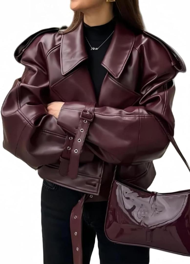 NIFTRIRY Women Leather Jackets Vintage Slim Fit Coat with Belt Fashion Clothes Fall Outfits 2025 (Small, Red)