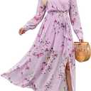 ANRABESS Womens Long Sleeve Floral Maxi Dress Boho Flowy Wrap Slit V Neck Beach Fall Wedding Guest Party Vacation Dresses Floral Purple X-Large (XL)