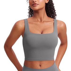 CRZ YOGA Butterluxe Square Neck Crop Tank Tops for Women - Workout Longline Sports Bras Padded Yoga Camisole (Medium, Ash Grey)