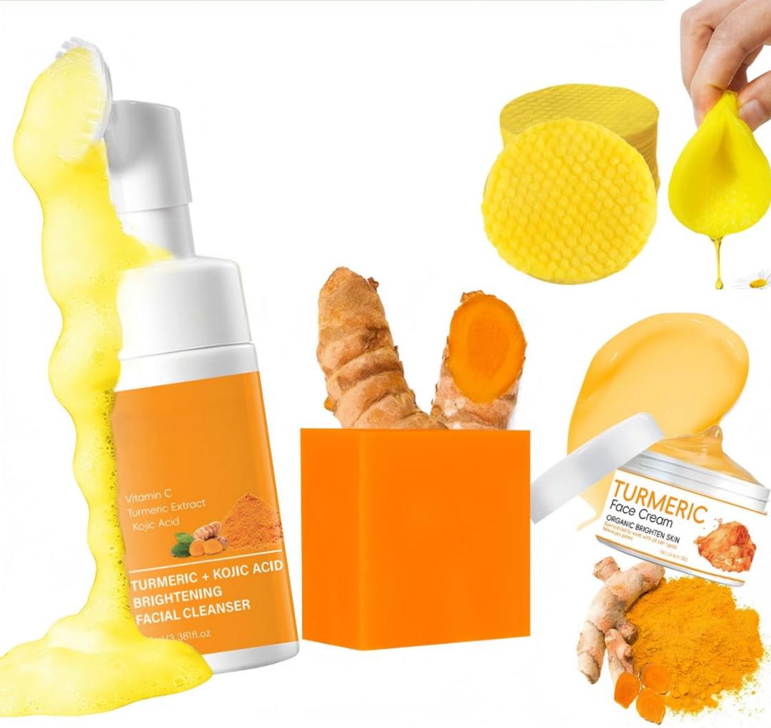 4-Piece Turmeric Skincare Set with Face Wash, Cream, Soap Bar, Bubble Net, Facial Cleanser for All Skin Types, Soothing Hydrating Formula