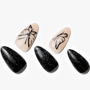 GLAMERMAID Press on Nails Almond,Black Gel False Nails with Design,24 PCS Glue on Nails,Reusable Acrylic Stick on Nails Tips Manicure Set for Women,Butterfly Imprint, Set of 9