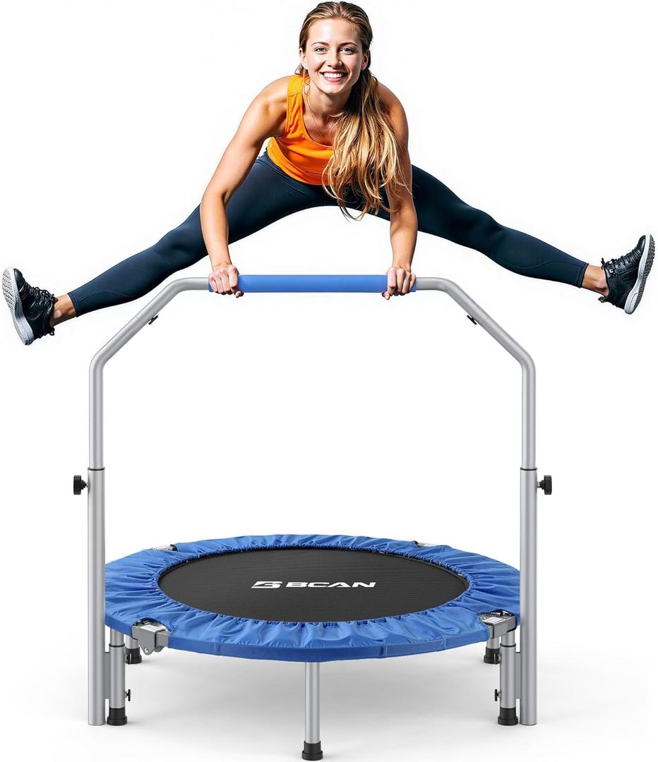 BCAN SP2 40" Foldable Mini Trampoline Max Load 330lbs, Fitness Rebounder with Adjustable Foam Handle, Exercise Trampoline for Adults Indoor/ Garden Workout | FED Fitness, Blue