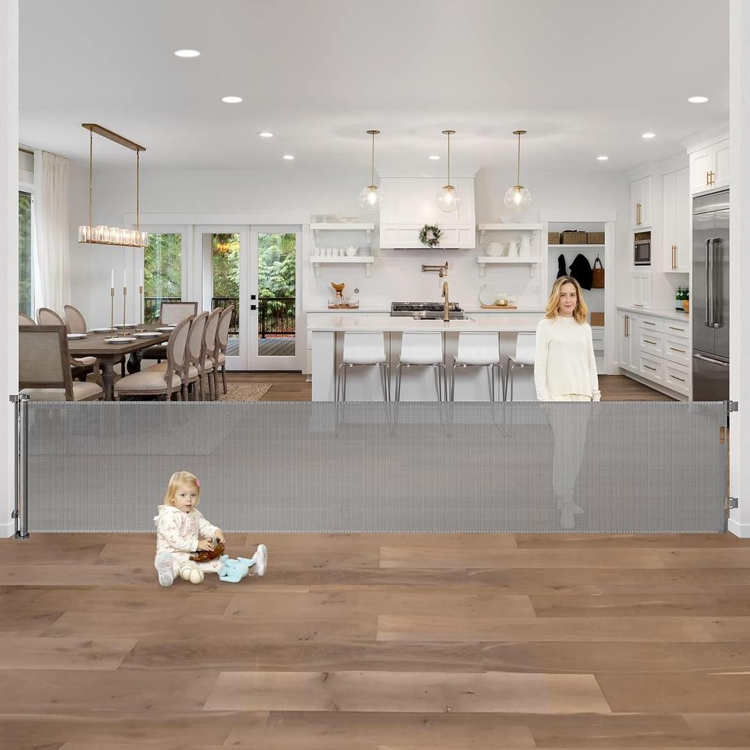 155 Inch Anti-Climb Extra Wide Baby Gate Retractable Baby Gates Extra Wide Pet Gates for Large Openings Prevent Kid/Pet from Getting Through 12.9ft Long Dog Gate Indoor Doorway Scratch-Resistant, Gray (33" Tall x 155" Wide)