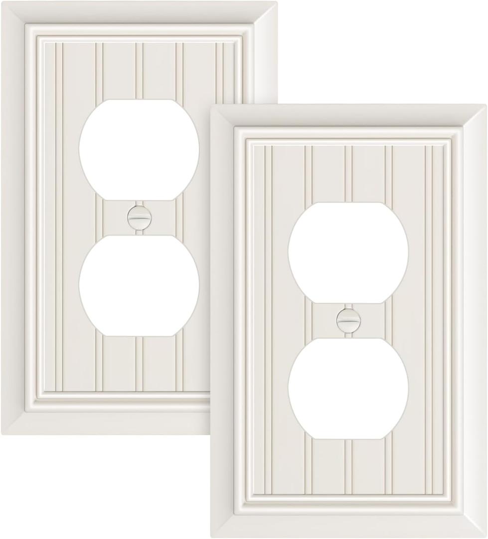 2-Pack Classic Beadboard Duplex Outlet Cover Plate, Decorative Light Almond Switch Plates and Outlet Covers, Natural Bamboo Fiber Wall Plates for Electrical Outlets, 1 Gang Receptacle Cover