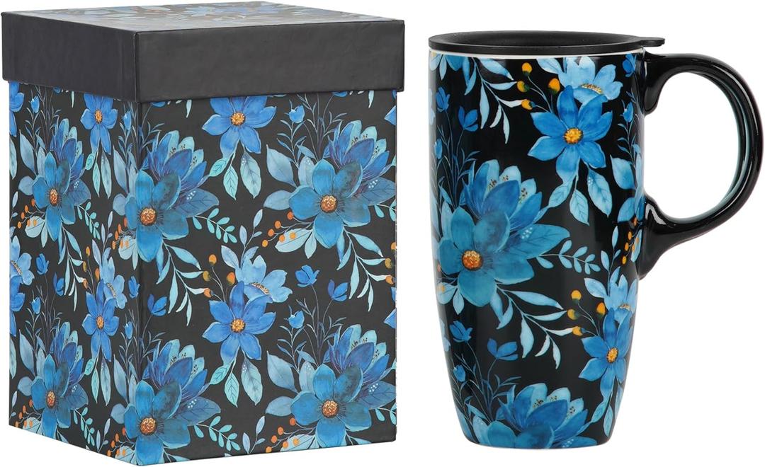 Ceramic Coffee Mug Travel Cup Gift with Lid 17oz, Porcelain Tall Tea Cup with Handle for Home & Office, Blue & Flower Art Pattern Mug in Gift Box, 6.5''H