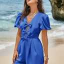 Cicy Bell Womens Cute Rompers Bow Front Puff Sleeve V Neck Short Jumpsuits Sexy Summer Outfits with Pockets (Blue)