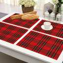 Red Plaid Cloth Placemats Linen Dinner Mats Traditional Scottish Checkered Tartan Wipeable Set of 4 Placemats Table Pads Indoor Table Protectors Non Slip,12 * 18 Inch