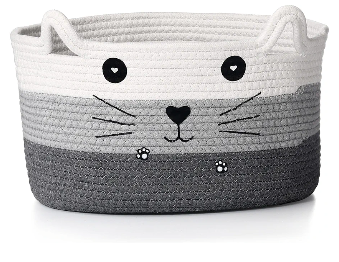 Zopeal Cat Basket Storage Woven Organizer with Ears Decorative Pet Toy Cute Cotton Rope Basket for Gift Cat Dog Toy Bin Nursery Room(13.7 x 7.8 Inch,White, Light Gray, Dark Gray