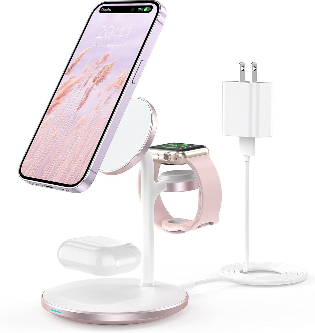 XooFly 3 in 1 Wireless Charging Station for Apple Devices, Fast Wireless Mag-Safe Charger Stand with 20W Adapter for iPhone 17/16 15 14 13 12 Pro Max/Pro/Plus/Air/Mini, iWatch, AirPods (Pink)
