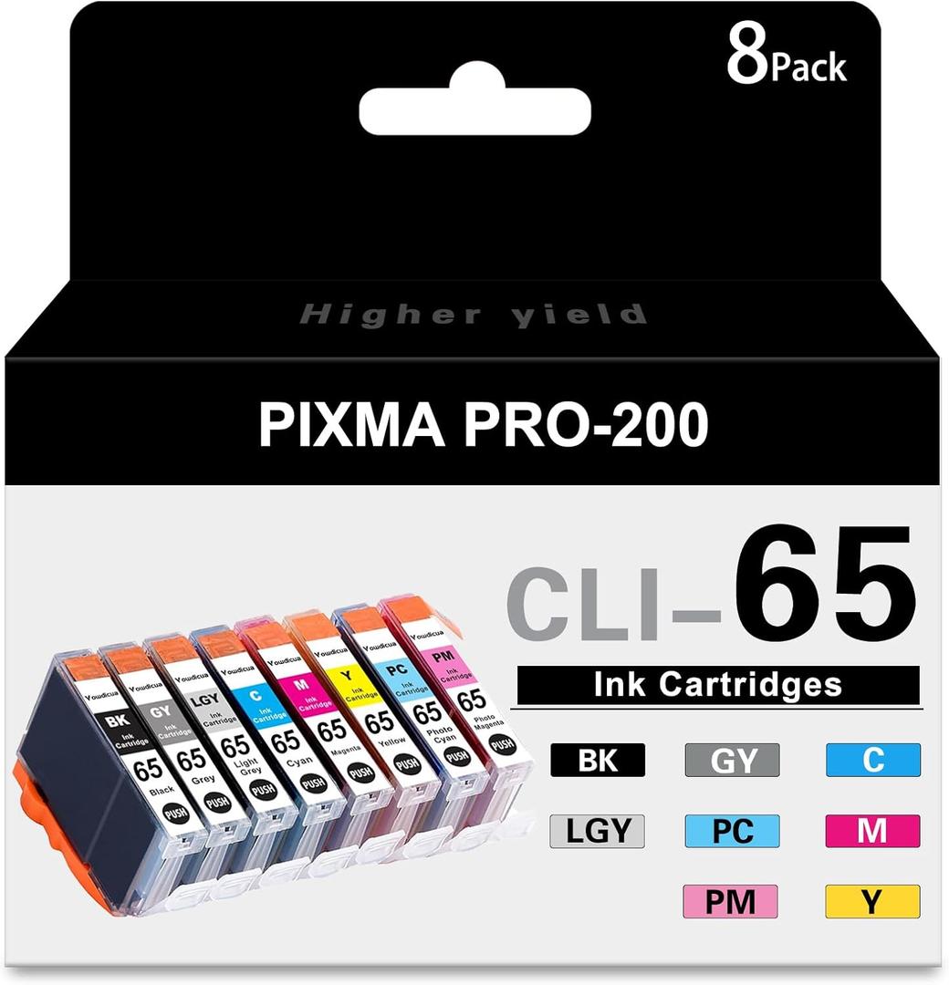 CLI-65 Ink Cartridges 8PK (1BK, 1C, 1M, 1Y, 1PM, 1PC, 1GY, 1LGY) Compatible Replacement for Canon CLI-65 Ink Cartridge to use with PIXMA PRO-200 Printer