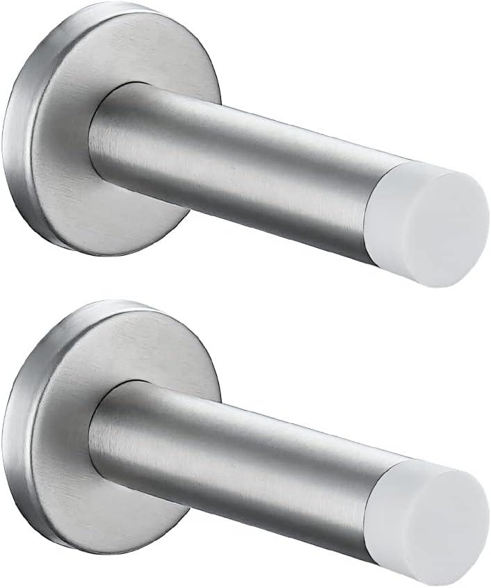JQK Door Stopper, 304 Stainless Steel Thicken 1mm Sound Dampening Door Stop Bumper Wall Protetor 2 Pack, Brushed, DSB5-WN-P2 (Brushed & White Tip)