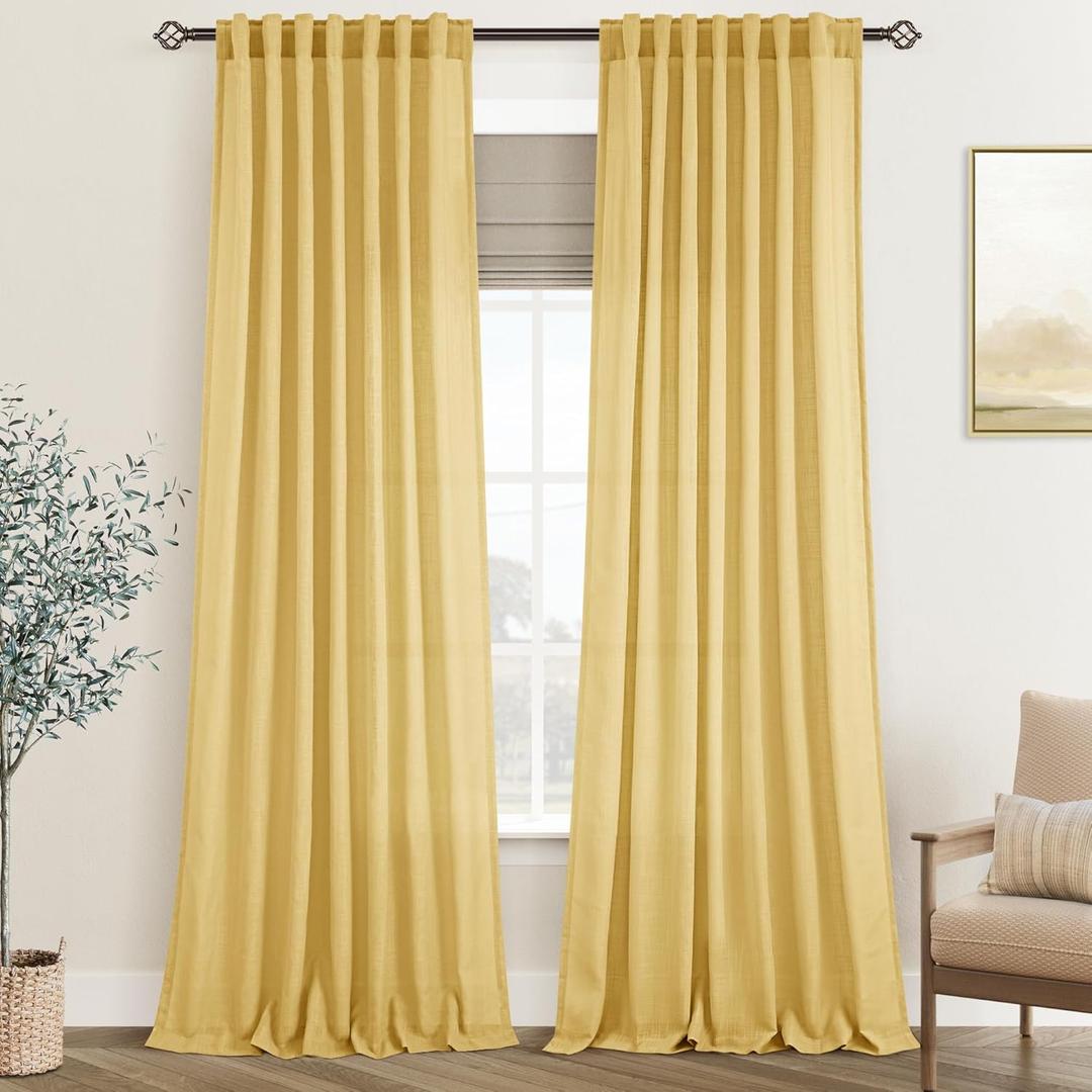 Gold Curtains for Living Room Back Tab Modern Farmhouse Semi Sheer Curtains 102 inches Long 2 Panels Set Muted Neutral Window Curtain for Dining Room Bedroom 52x102