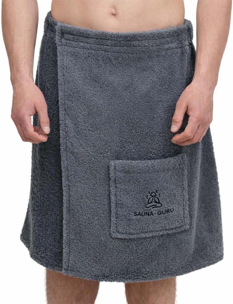 100% Cotton Sauna Kilt Towel Wrap for Men Soft Sauna Towel for Inside Sauna, Adjustable Waist Wrap Bath Robe, Essential Sauna Accessories for Home Spa, Shower & Dry Sauna, Luxury Gift for Him, Grey