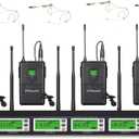 GTDaudio 4x800 Adjustable Channels UHF Diversity Wireless Cordless Microphone System with 4 Bodypacks, 4 Beige Headsets & 4 Lapels Mics, Range 450 ft, (8 Mics)
