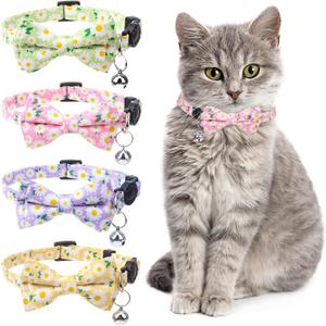 4 Pcs Breakaway Cat Collar with Bow Tie and Bell Floral Cat Kitten Collar with Removable Bowtie Adjustable Safety Collars for Girl Cats (One Size)