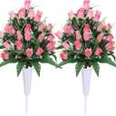 Lodou Artificial Cemetery Flowers,Outdoor Grave Decorations Roses,Arrangements Bouquet with Cemetery Vase, Silk Flowers for Long-Lasting Remembrance (Pink)