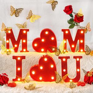 Honoson 6 Pcs Mother's Day LED Lights Light up Letters Mom Sign Battery Powered Heart Light up Letters with 12 Gold Butterflies for Mom Party Decor Night Home Family Supplies (Red)