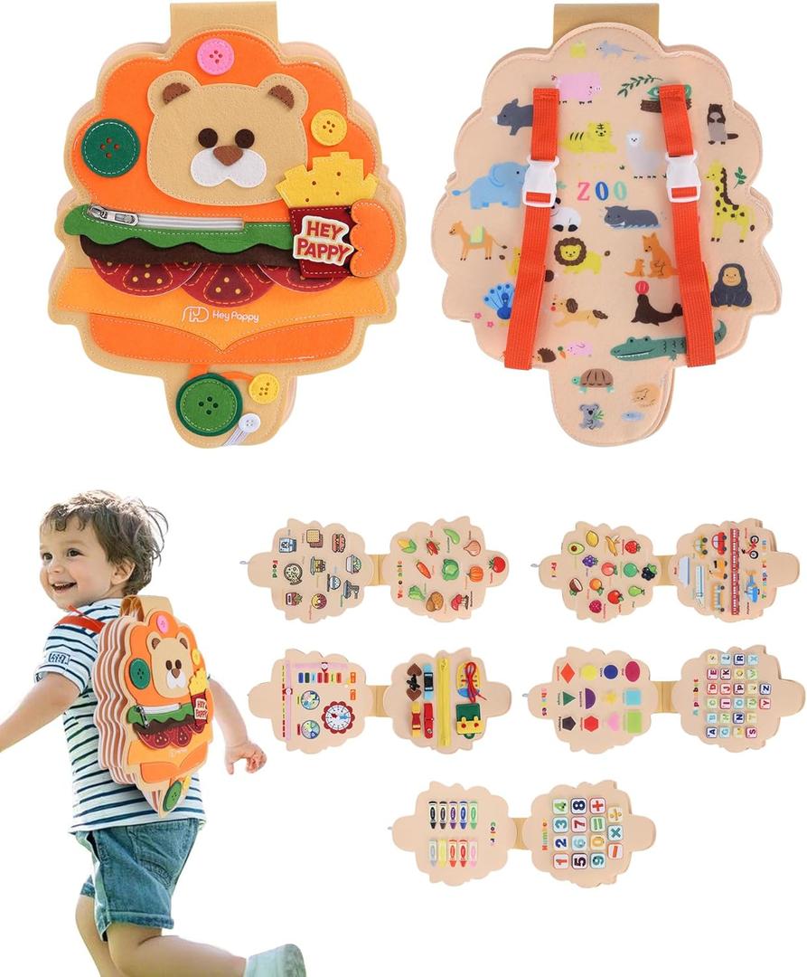 Busy Board Montessori Toys, 12 in 1 Busy Book Learning Sensory Toys for Toddlers with Fine Motor Skills, Busy Book Toys with Backpack Strap, Bear Shape