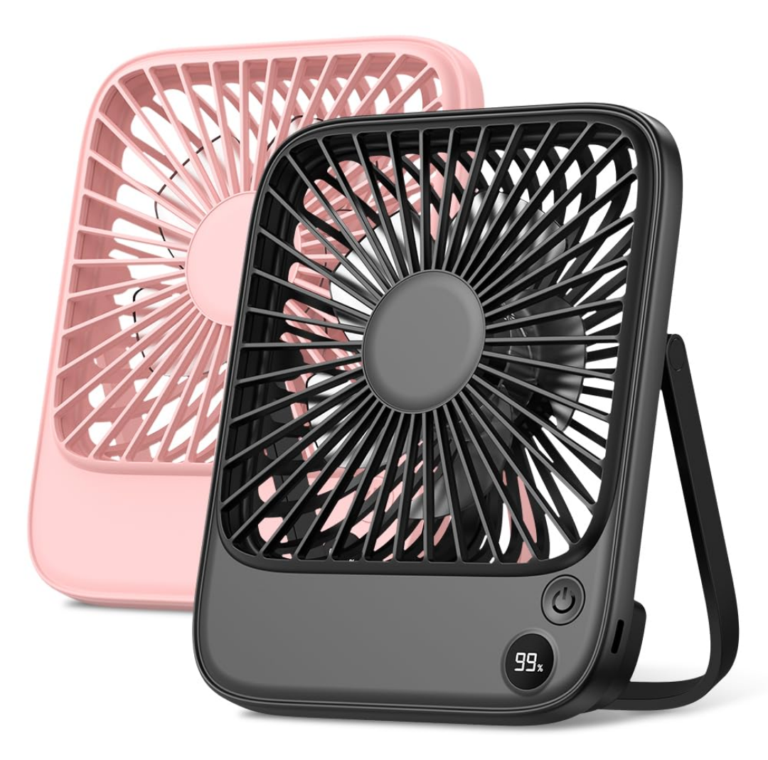 TOPK 2 Pack 5000mAh Portable Desk Fan, Ultra-thin Strong Wind Digital Display 4 Speeds Adjustable Small Quiet Battery Powered Personal Travel Fan for Bedroom, Office, Cruise, Library, Outdoor