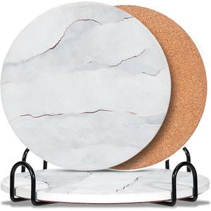 3-PCS 7 Inch Ceramic Marble Style Trivets for Hot Dishes, Absorbent Heat Resistant Hot Pads with Cork Bottom Anti-Slip, Ceramic Trivet Mats with Holder for Kitchen Countertop Table