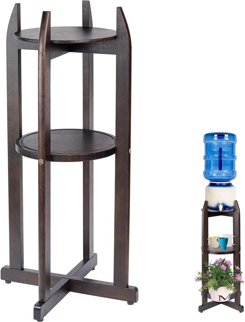 Natural Solid Wood Water Dispenser Stand (32.8"Hight-11.2"Wide) Ceramic Water Dispenser Floor Stand, 5 Gallon Water Jug Stand with 2 Round Shelfs Included for 1-5 Gallon Water Bottles/Crocks/Water Jug (Walnut-color)